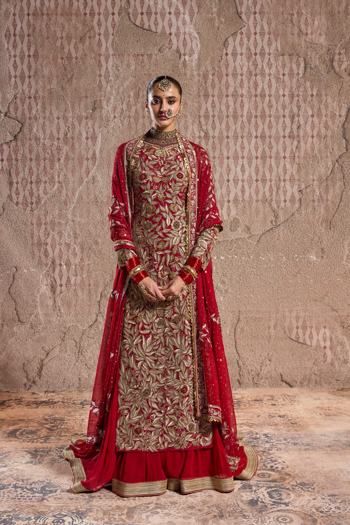 DEEP RED LONG SUIT & SHARARA SET