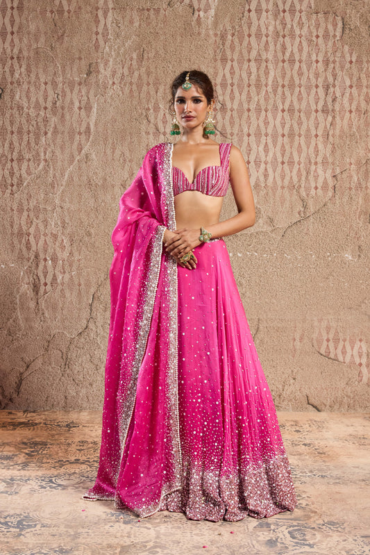 OMBRE PINK ORGANZA LEHENGA SET WITH SPAWLING SEQUIN EMBELISHMENTS