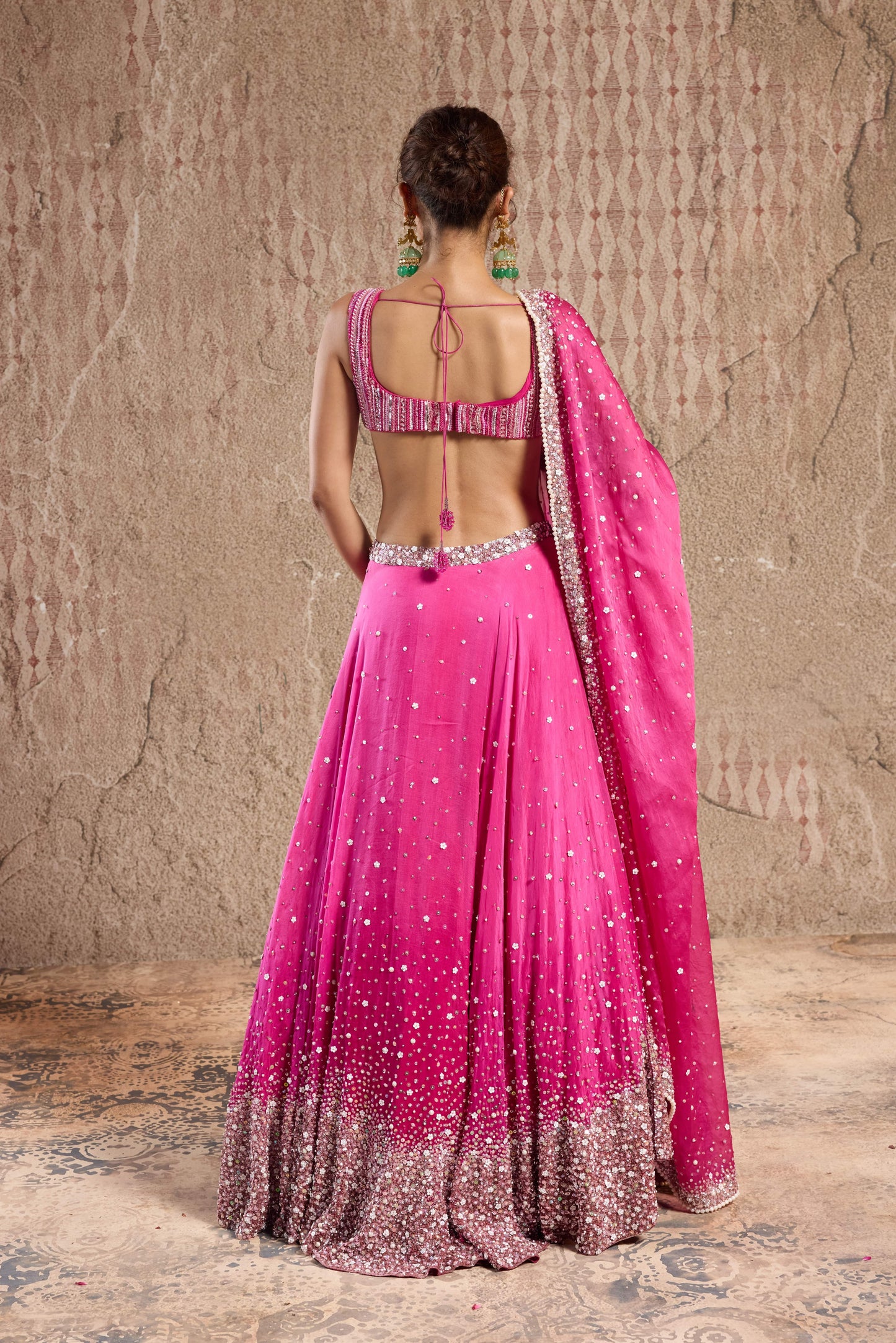OMBRE PINK ORGANZA LEHENGA SET WITH SPAWLING SEQUIN EMBELISHMENTS