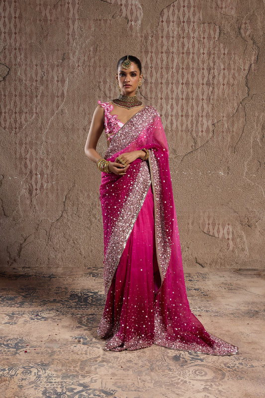 OMBRE PINK GRADIENT SAREE WITH ORNATE BORDERS AND 3D FLORAL BLOUSE
