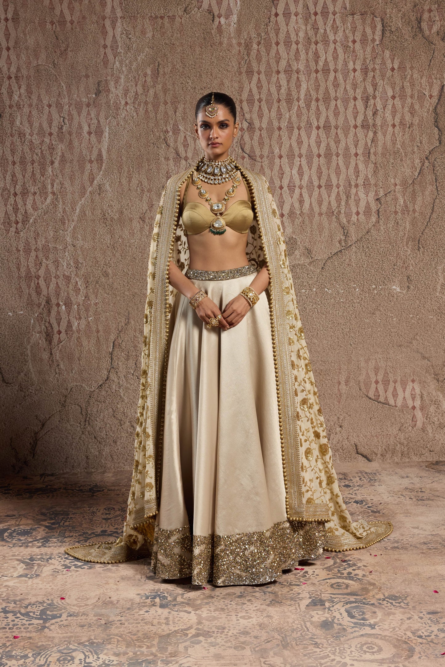 GOLD SHIMMER IMPORTED TISSUE ORGANZA LEHENGA SET WITH BROAD HANDCRAFTED BORDER