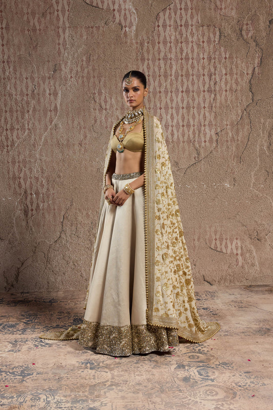 GOLD SHIMMER IMPORTED TISSUE ORGANZA LEHENGA SET WITH BROAD HANDCRAFTED  BORDER