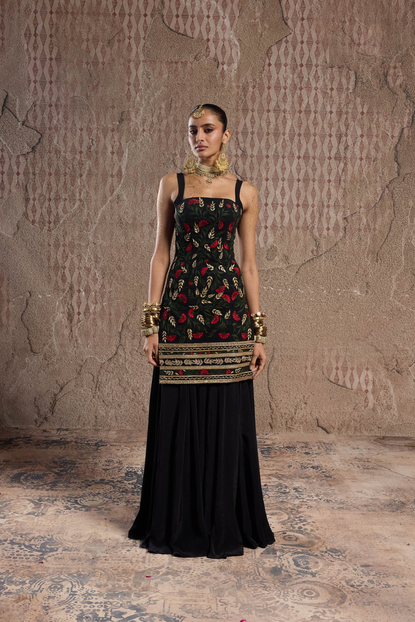 FLORAL NOIR: BLACK SHARARA SET WITH MODERN PUNJABI VIBES