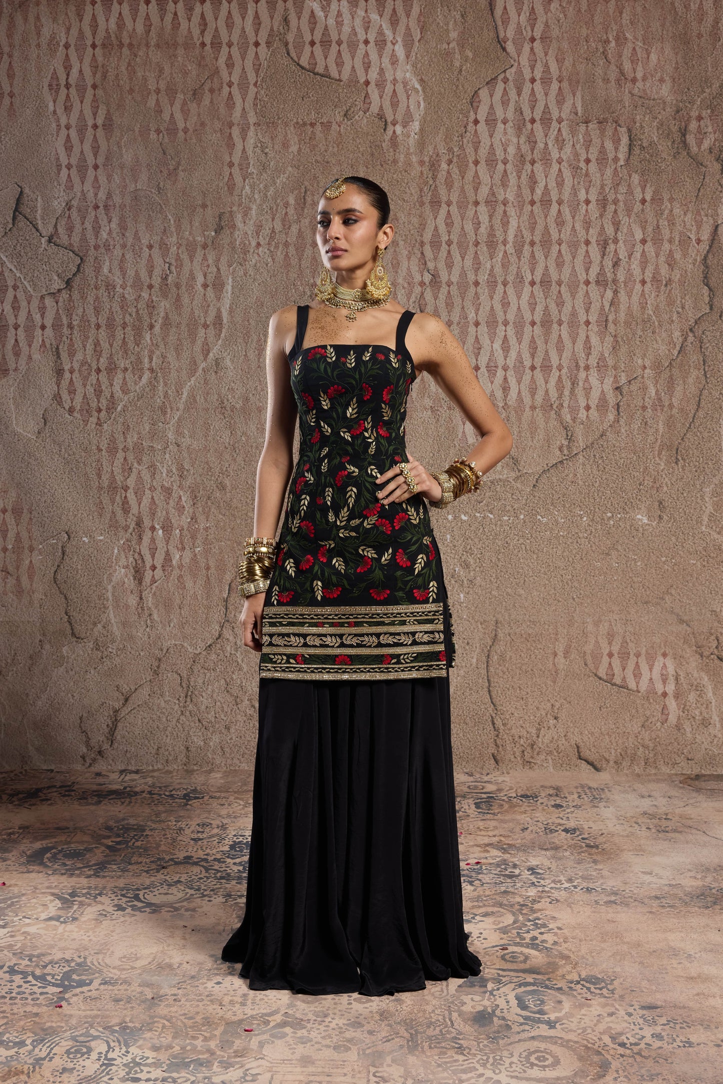 FLORAL NOIR: BLACK SHARARA SET WITH MODERN PUNJABI VIBES