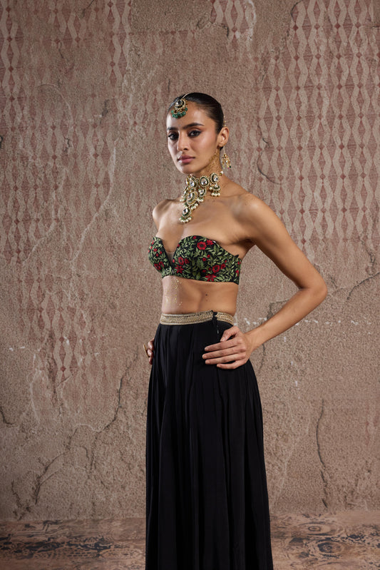 BLACK LUXE: FLORAL TUBE & SHARARA SET WITH VELVET 3D WORK JACKET
