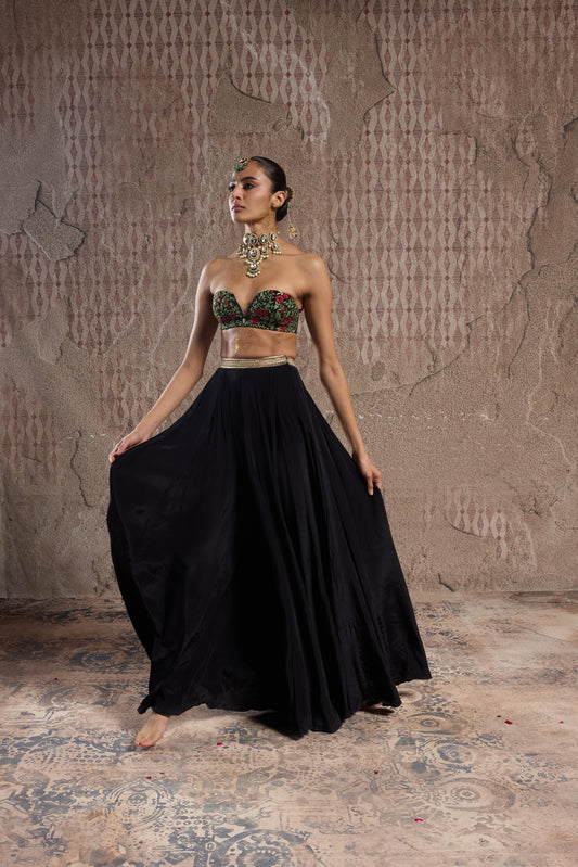 BLACK LUXE: FLORAL TUBE & SHARARA SET WITH VELVET 3D WORK JACKET