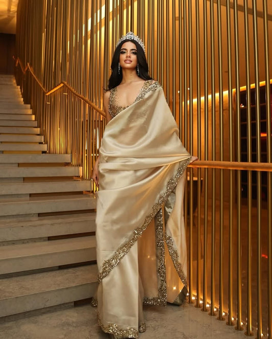 GOLD SHIMMER IMPORTED TISSUE ORGANZA SAREE WITH BROAD EMBROIDERED BORDER