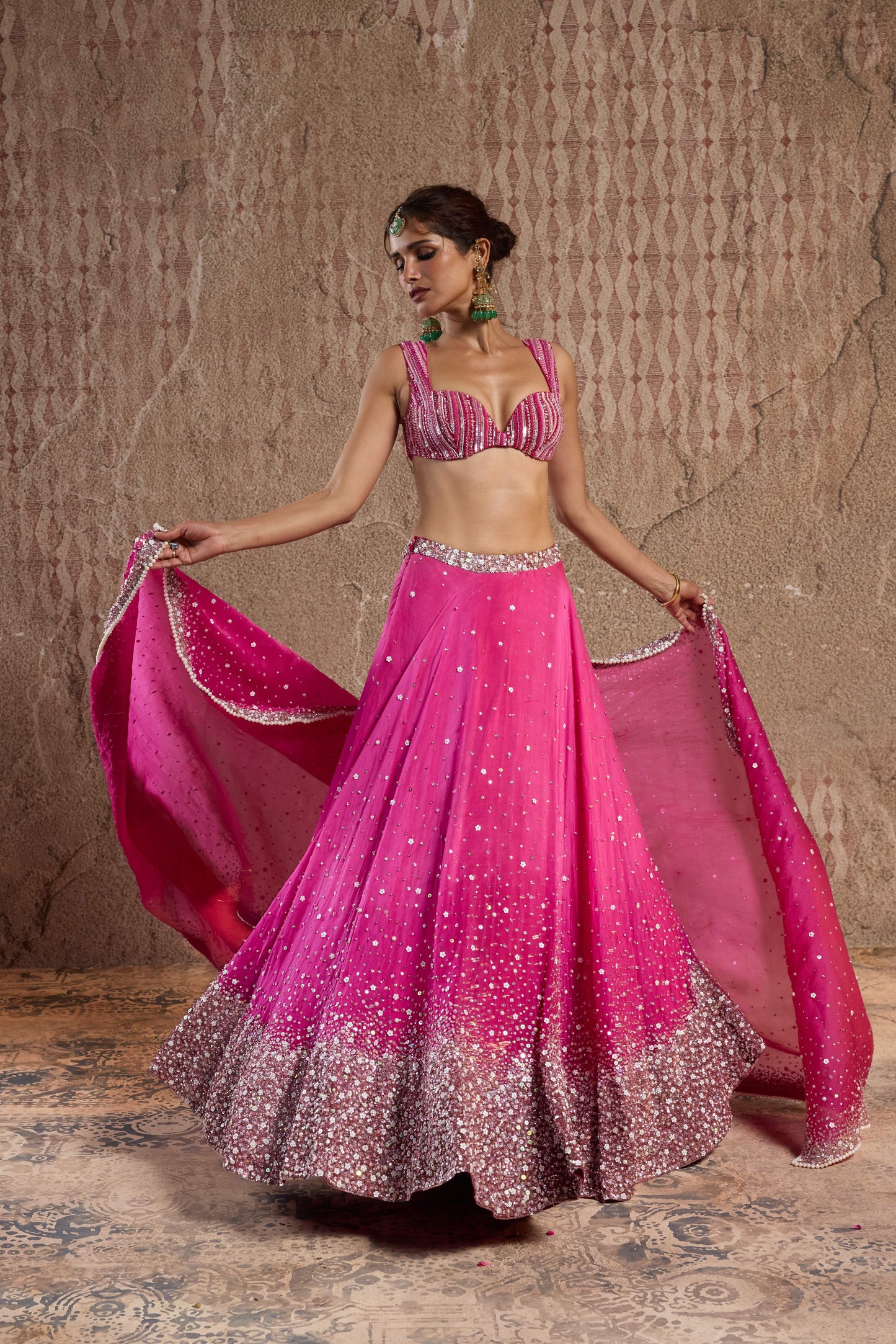 OMBRE PINK ORGANZA LEHENGA SET WITH SPAWLING SEQUIN EMBELISHMENTS