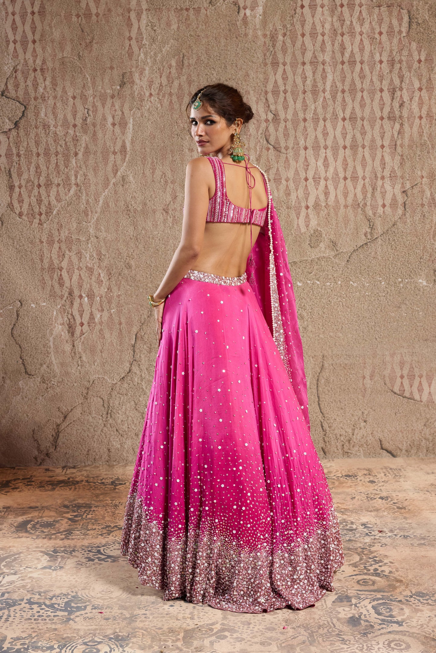 OMBRE PINK ORGANZA LEHENGA SET WITH SPAWLING SEQUIN EMBELISHMENTS