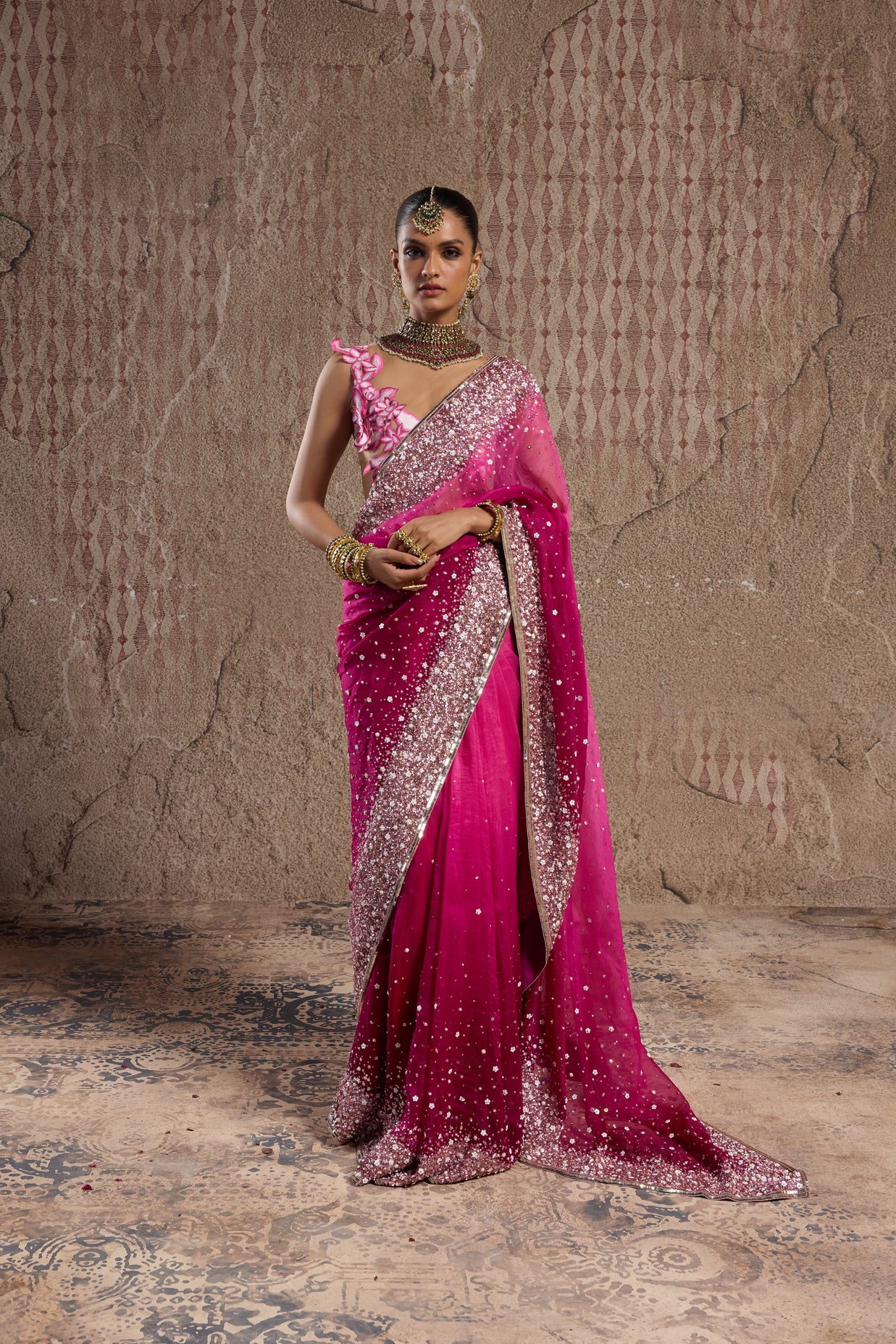 OMBRE PINK GRADIENT SAREE WITH ORNATE BORDERS AND 3D FLORAL BLOUSE