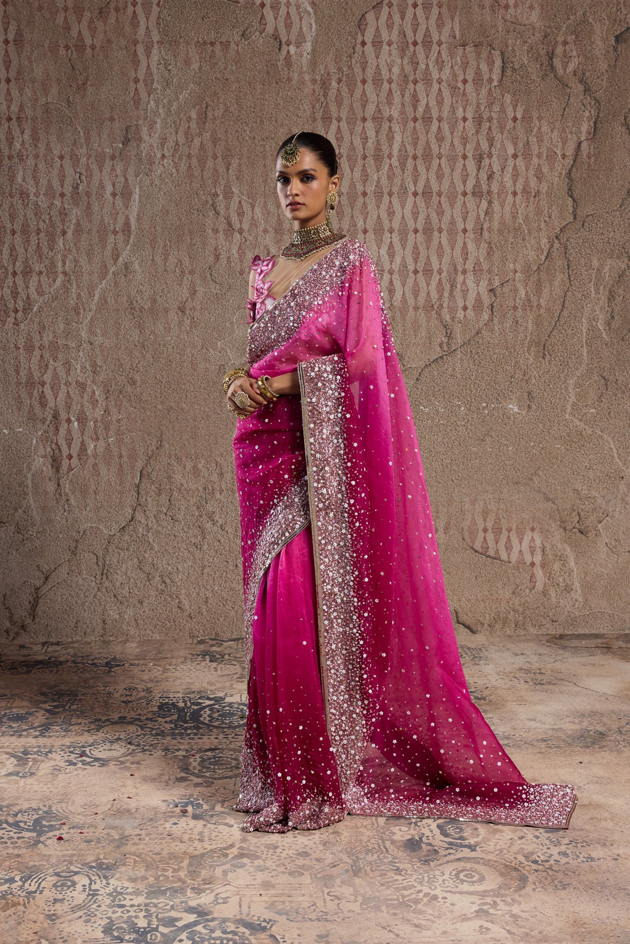 OMBRE PINK GRADIENT SAREE WITH ORNATE BORDERS AND 3D FLORAL BLOUSE