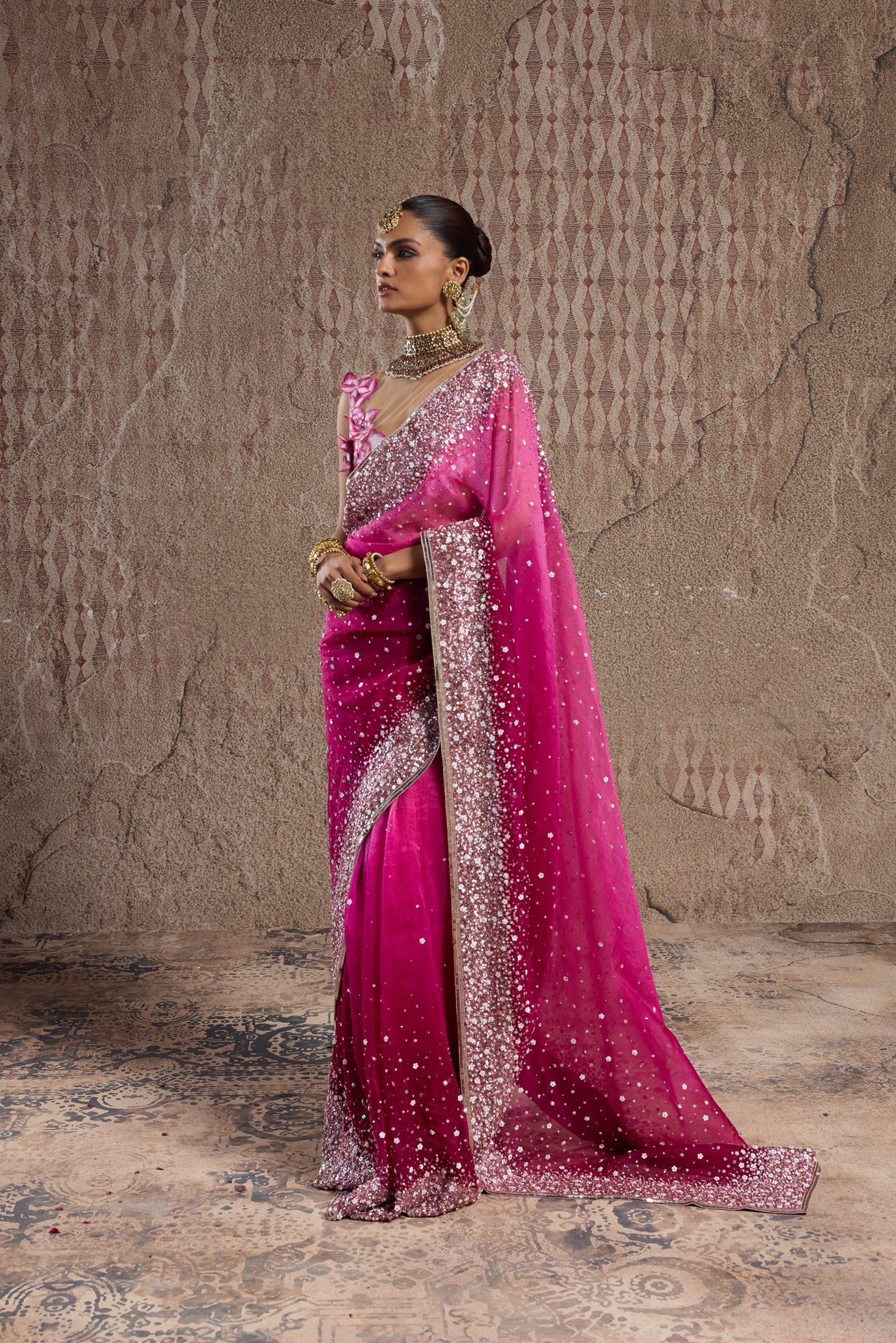 OMBRE PINK GRADIENT SAREE WITH ORNATE BORDERS AND 3D FLORAL BLOUSE