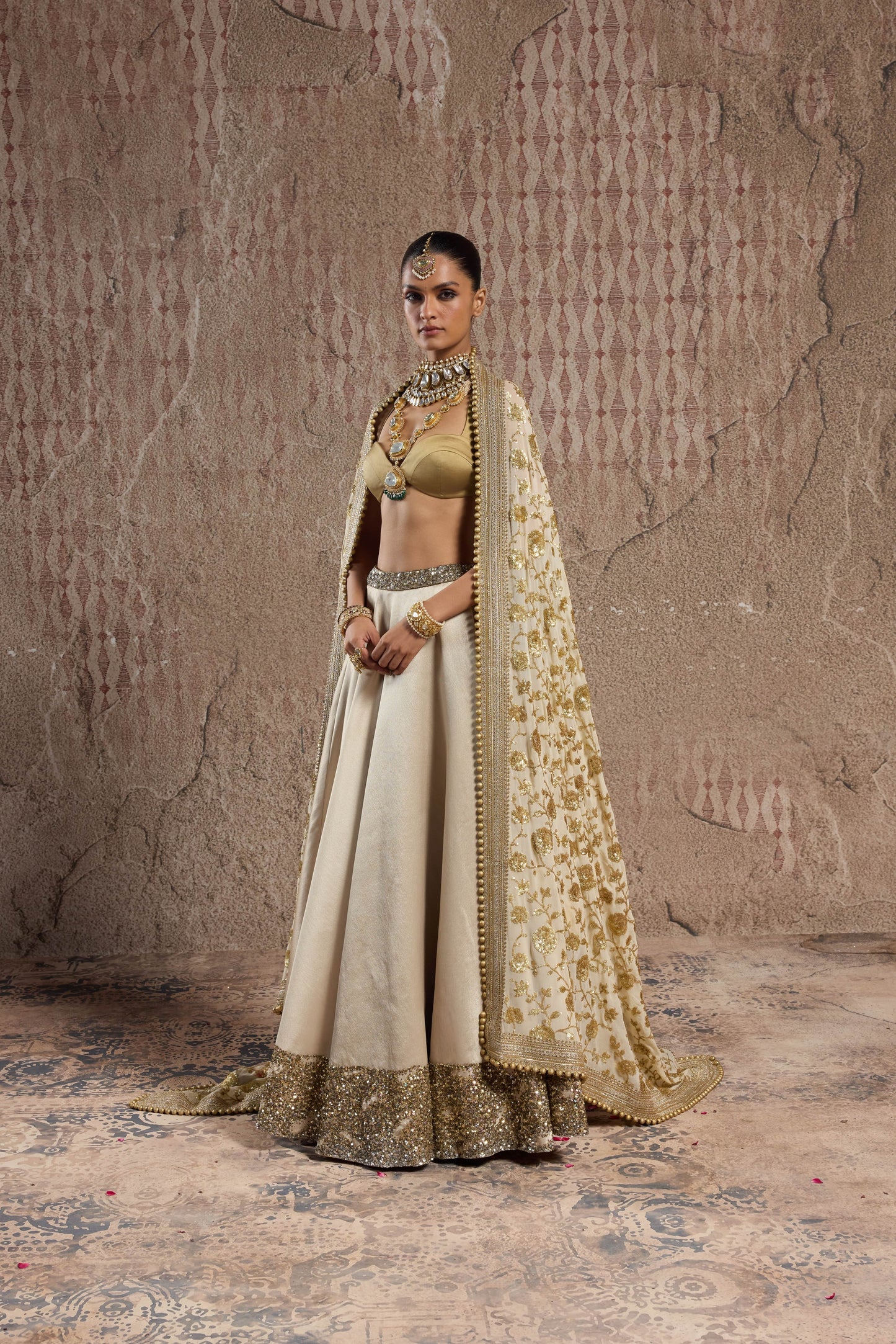 GOLD SHIMMER IMPORTED TISSUE ORGANZA LEHENGA SET WITH BROAD HANDCRAFTED  BORDER