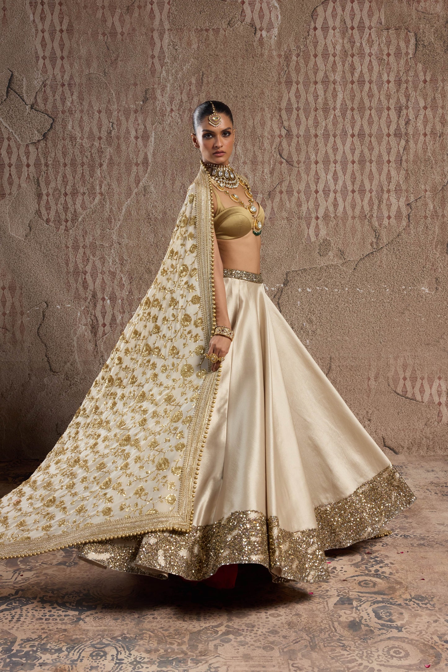 GOLD SHIMMER IMPORTED TISSUE ORGANZA LEHENGA SET WITH BROAD HANDCRAFTED  BORDER