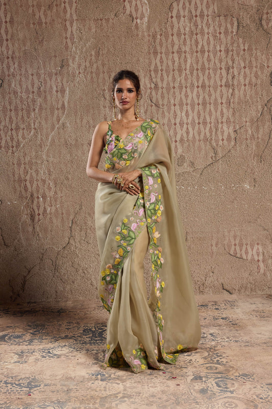 EXOTIC FLORAL ORGANZA SAREE WITH 3D HANDCRAFTED BLOUSE