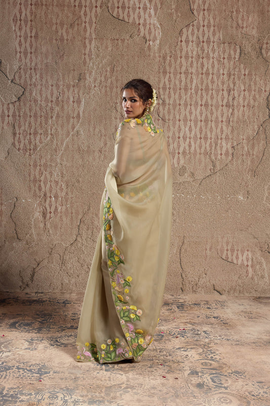 EXOTIC FLORAL ORGANZA SAREE WITH 3D HANDCRAFTED BLOUSE